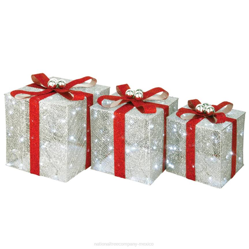 Pre-Lit Silver Gift Boxes, Set of Three, White Lights, Christmas Collection National Tree CompanyLBRH629