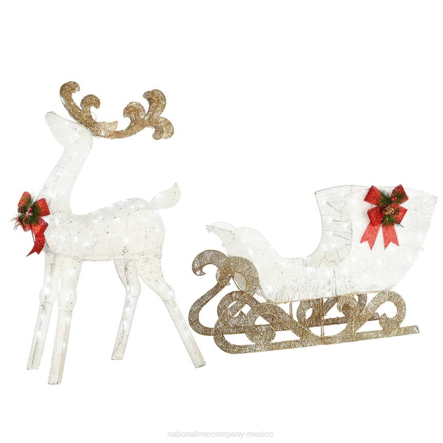 Pre Lit Sisal Reindeer and Sleigh Decoration, Cool White LED Lights, Plug In, Christmas Collection, 48 Inches National Tree CompanyLBRH621