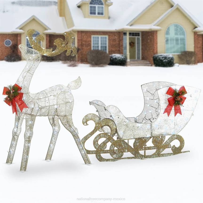 Pre Lit Sisal Reindeer and Sleigh Decoration, Cool White LED Lights, Plug In, Christmas Collection, 48 Inches National Tree CompanyLBRH621