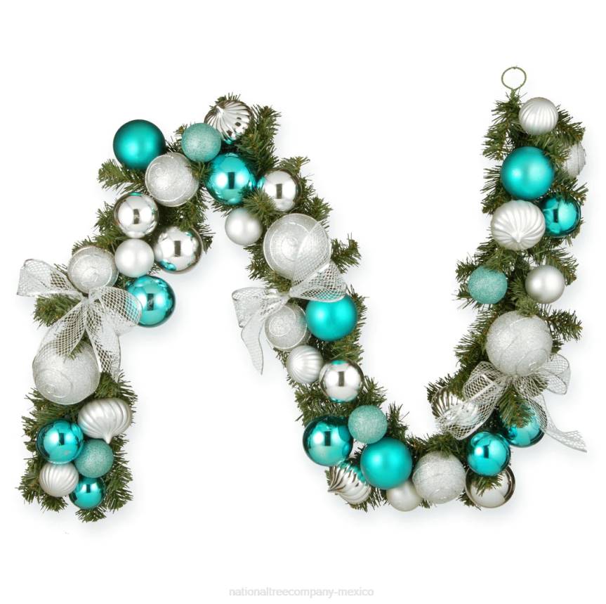 Artificial Christmas Garland, Green, Evergreen, Decorated With Ball Ornaments, Ribbon Bows, Christmas Collection, 6 Feet National Tree CompanyLBRH372