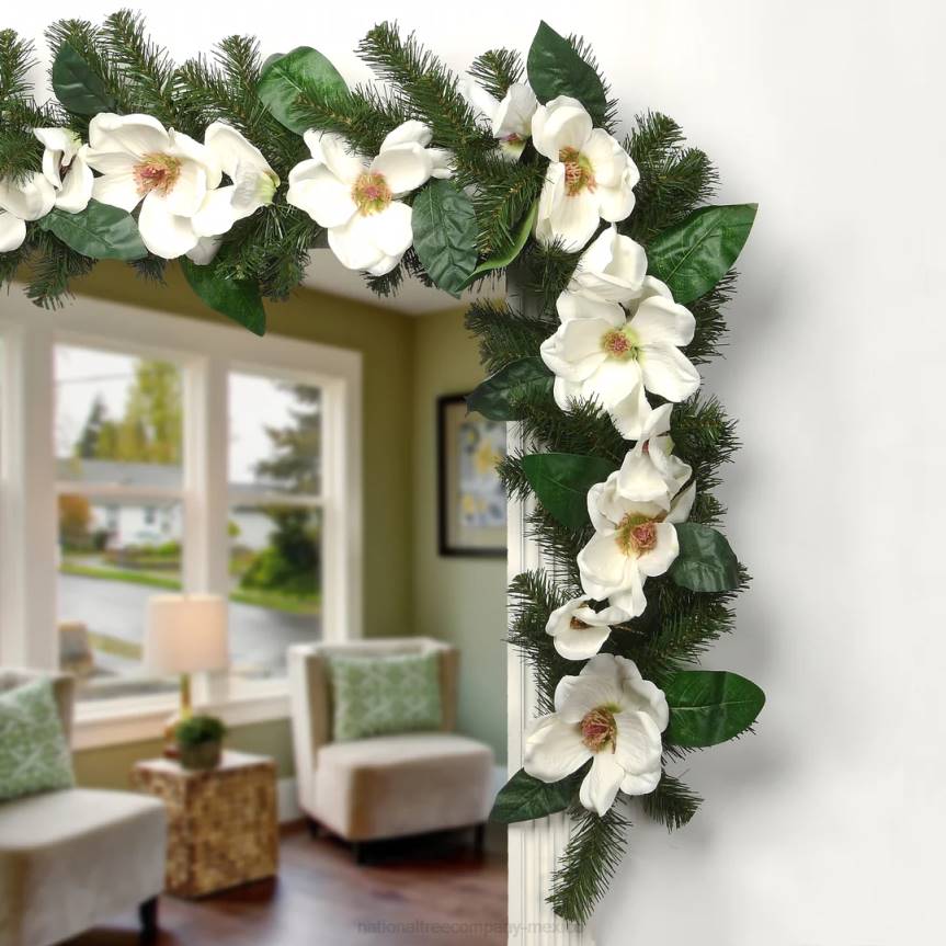 Artificial Garland North Valley Spruce, Green, Decorated with Magnolia Flower Blooms, Christmas Collection, 6 Feet National Tree CompanyLBRH408