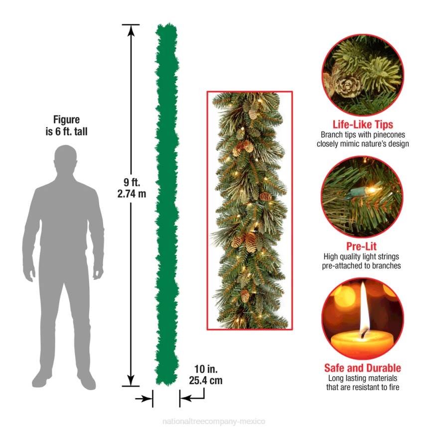 Pre-Lit Artificial Christmas Garland, Green, Carolina Pine, White Lights, Decorated with Pine Cones, Plug In, Christmas Collection, 9 Feet National Tree CompanyLBRH326
