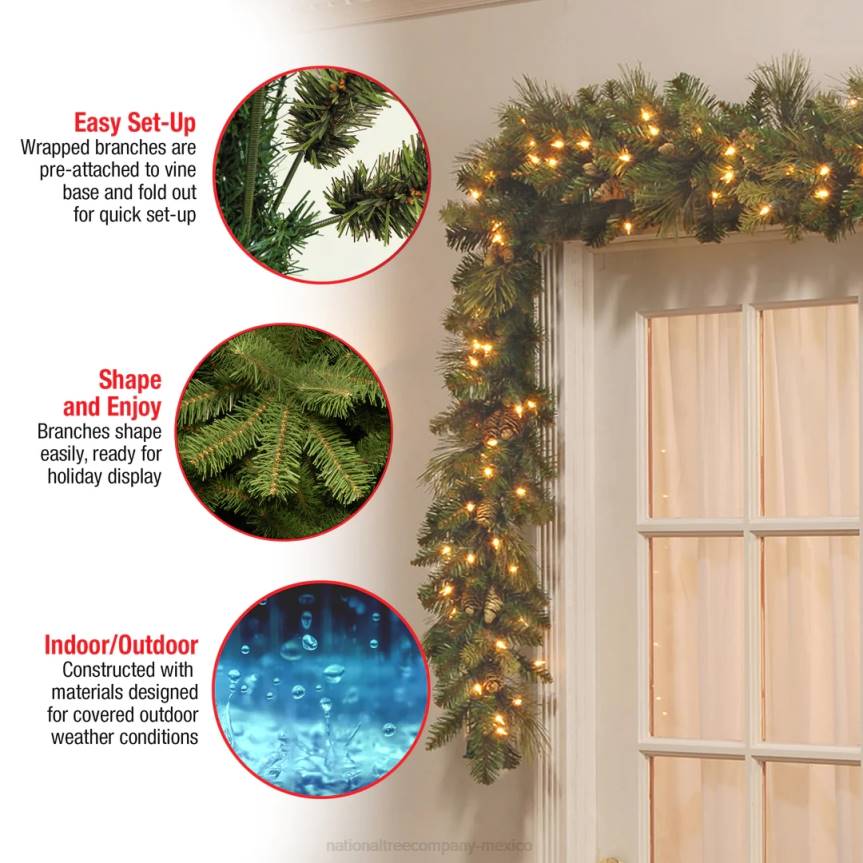 Pre-Lit Artificial Christmas Garland, Green, Carolina Pine, White Lights, Decorated with Pine Cones, Plug In, Christmas Collection, 9 Feet National Tree CompanyLBRH326