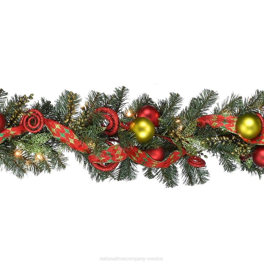 Pre-Lit Artificial Christmas Garland, Green, Evergreen, Decorated With Berry Clusters, Ribbon, Ball Ornaments, Plug In, Christmas Collection, 9 Feet National Tree CompanyLBRH391