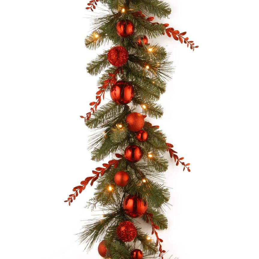 Pre-Lit Artificial Christmas Garland, Green, Evergreen, White Lights, Decorated With Glittered Stems, Ball Ornaments, Battery Powered, Christmas Collection, 9 Feet National Tree CompanyLBRH370