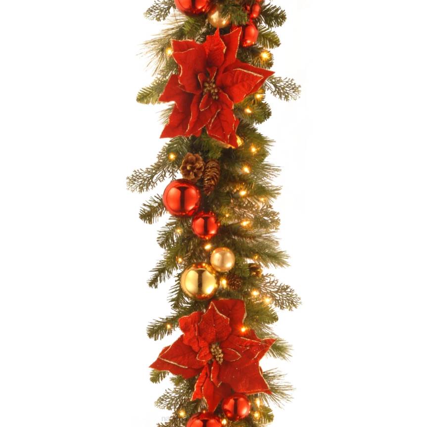 Pre-Lit Artificial Christmas Garland, Green, Evergreen, White Lights, Decorated With Pine Cones, Ball Ornaments, Poinsettia Flowers, Plug In, Christmas Collection, 9 Feet National Tree CompanyLBRH360