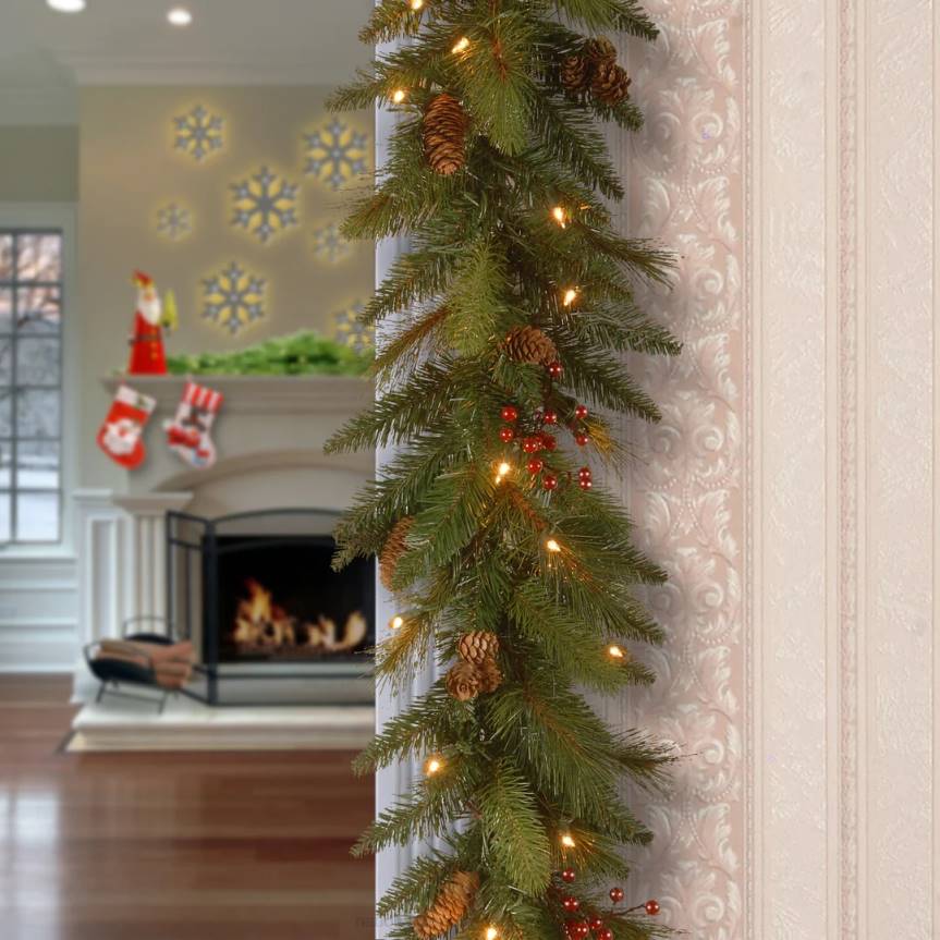 Pre-Lit Artificial Christmas Garland, Green, Evergreen, White Lights, Decorated With Pine Cones, Berry Clusters, Plug In, Christmas Collection, 9 Feet National Tree CompanyLBRH341