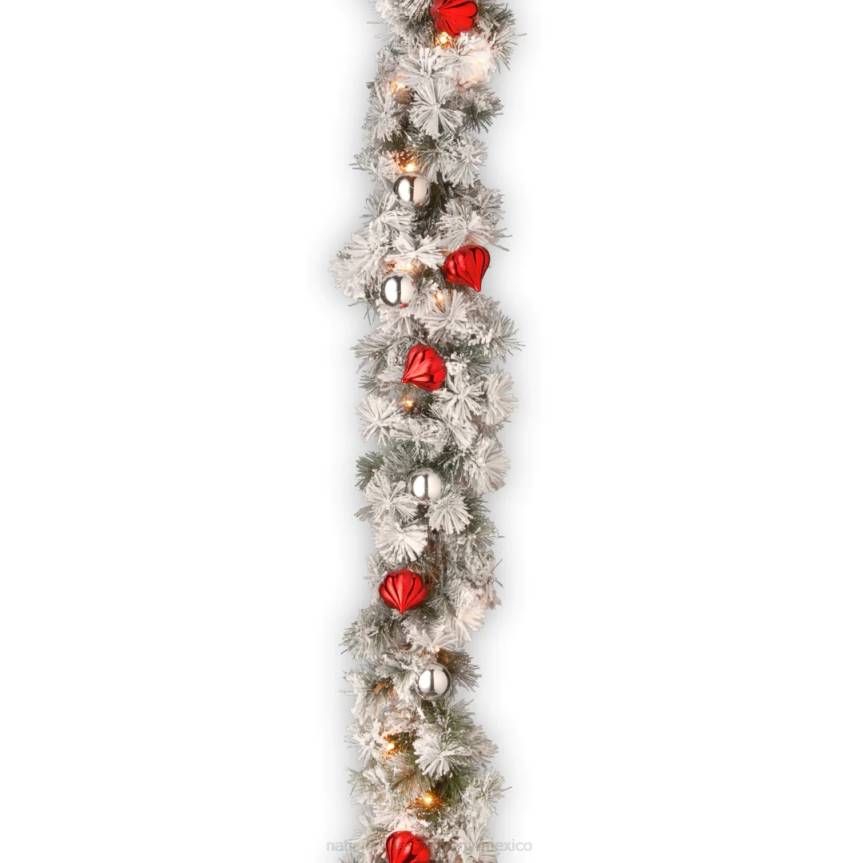 Pre-Lit Artificial Christmas Garland, Green, Glittery Bristle Pine, White Lights, Decorated With Frosted Branches, Ball Ornaments, Plug In, Christmas Collection, 9 Feet National Tree CompanyLBRH366