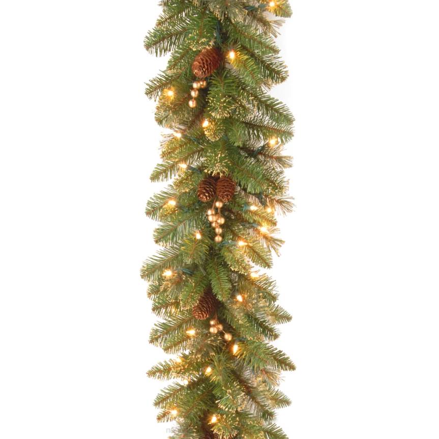 Pre-Lit Artificial Christmas Garland, Green, Glittery Pine, White Lights, Decorated With Pine Cones, Berry Clusters, Plug In, Christmas Collection, 9 Feet National Tree CompanyLBRH343