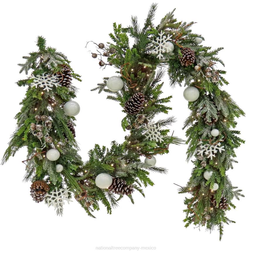 Pre Lit Artificial Garland, Alpine, Green, Decorated with White Ball Ornaments, Snow Flakes, Berry Clusters, Warm White LED Lights, Battery Powered, Christmas Collection, 9 Feet National Tree CompanyL