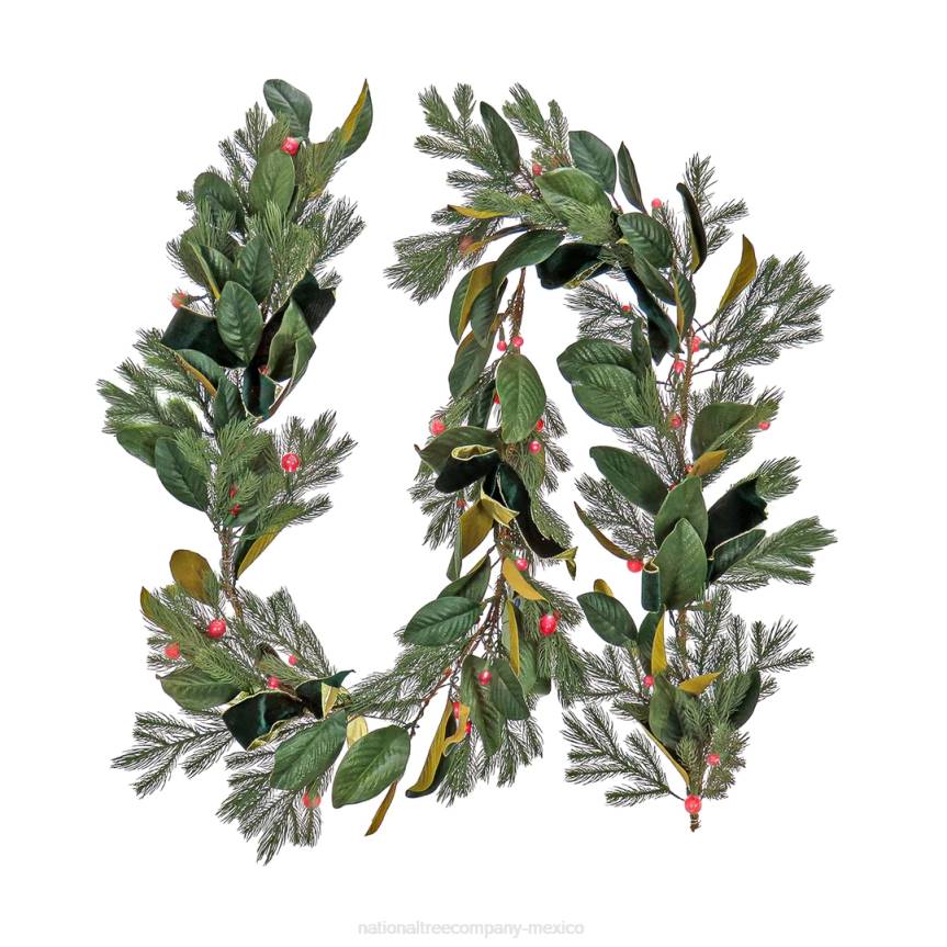 Pre Lit Artificial Garland, Magnolia Mix, Green, Decorated with Leafy Greens, Red Berry LED Lights, Battery Powered, Christmas Collection, 9 Feet National Tree CompanyLBRH431