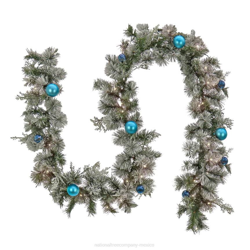 Pre Lit Artificial Garland,Tinkham Pine, Green, Frosted, Decorated with Blue Ball Ornaments, Warm White LED Lights, Battery Powered, Christmas Collection, 9 Feet National Tree CompanyLBRH428
