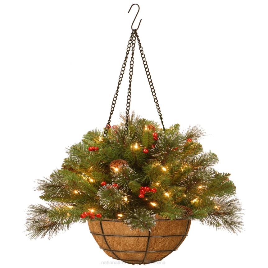 Pre-Lit Artificial Christmas Hanging Basket, Crestwood Spruce, Decorated With Frosted Pine Cones, Berry Clusters, White Lights, Christmas Collection, 16 Inches National Tree CompanyLBRH463