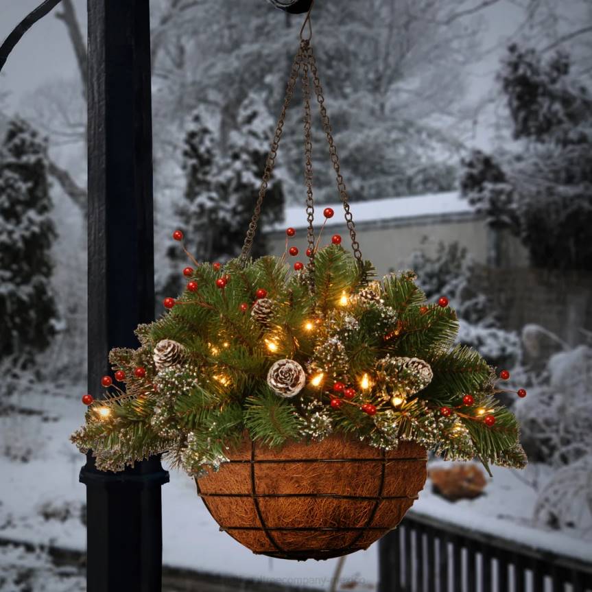 Pre-Lit Artificial Christmas Hanging Basket, Mountain Spruce, Decorated With Frosted Pine Cones, Berry Clusters, White Lights, Christmas Collection, 20 Inches National Tree CompanyLBRH437