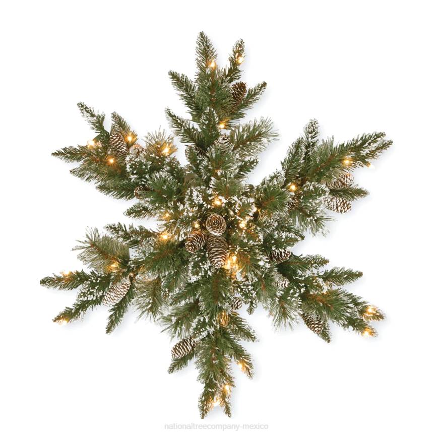 Pre-Lit Artificial Christmas Star Wreath, Green, Glittery Bristle Pine, White Lights, Decorated with Pine Cones, Frosted Branches, Christmas Collection, 32 Inches National Tree CompanyLBRH440