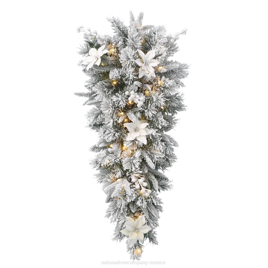 Pre-Lit Artificial Christmas Teardrop, Green, Colonial Fir, White Lights, Decorated with Pine Cones, Flowers, Frosted Branches, Christmas Collection, 32 Inches National Tree CompanyLBRH508