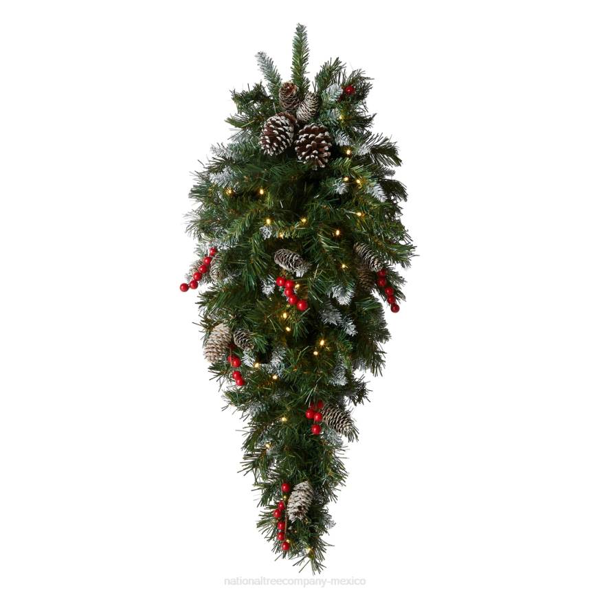Pre-Lit Artificial Christmas Teardrop, Green, Frosted Berry, White Lights, Decorated with Pine Cones, Berry Clusters, Frosted Branches, Christmas Collection, 36 Inches National Tree CompanyLBRH438