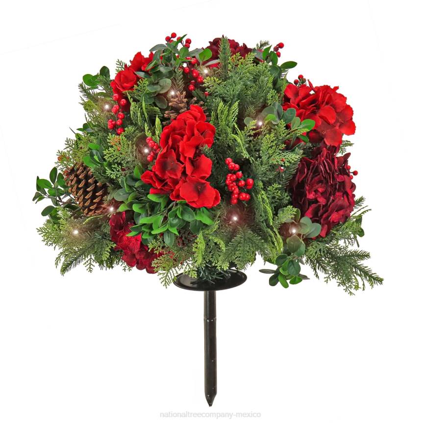 Pre Lit Artificial Urn Filler, Vienna Waltz, Decorated with Red Flower Blooms, Red Berry Clusters, Pine Cones, Warm White LED Lights, Battery Powered, Christmas Collection, 28 Inches National Tree Com