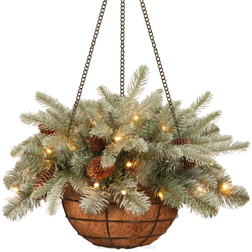 Pre-Lit 'Feel Real' Artificial Christmas Hanging Basket, Arctic Spruce, Decorated With Frosted Pine Cones, White Lights, Christmas Collection, 20 Inches National Tree CompanyLBRH435