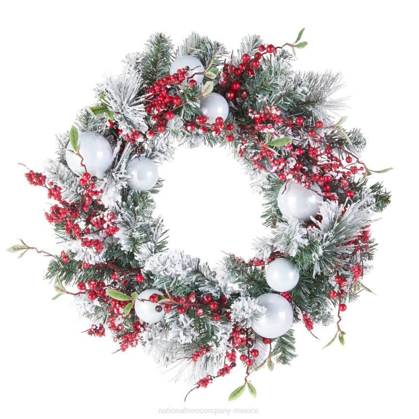 Artificial Christmas Wreath, Green, Evergreen, Decorated with Frosted Branches, Ball Ornaments, Berry Clusters, Christmas Collection, 24 Inches National Tree CompanyLBRH275