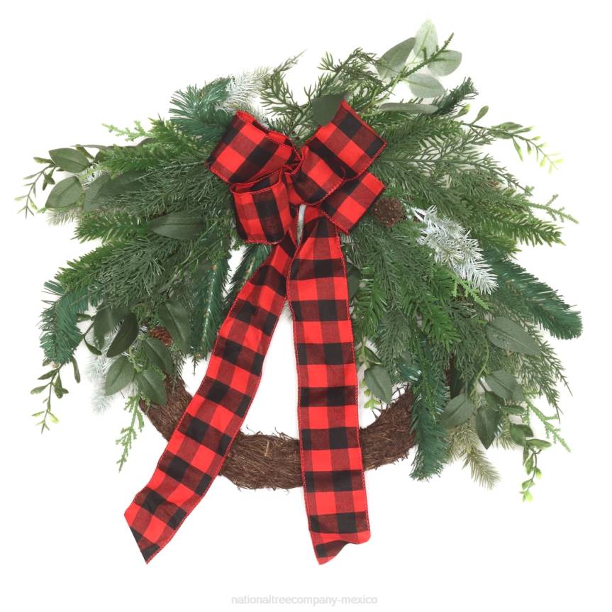 Artificial Mixed Pine and Bow Christmas Wreath, Evergreen Branch Tips and Leafy Greens Decorated with Petite Pinecones, Red & Black Plaid Bow, 22 in National Tree CompanyLBRH318