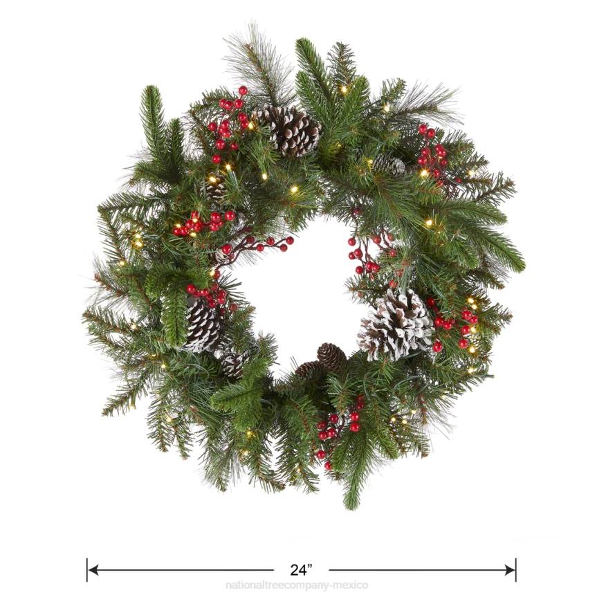 Pre-Lit Artificial Christmas Wreath, Green, Bristle Berry Pine, White Lights, Decorated with Frosted Branches, Pine Cones, Berry Clusters, Christmas Collection, 24 Inches National Tree CompanyLBRH221