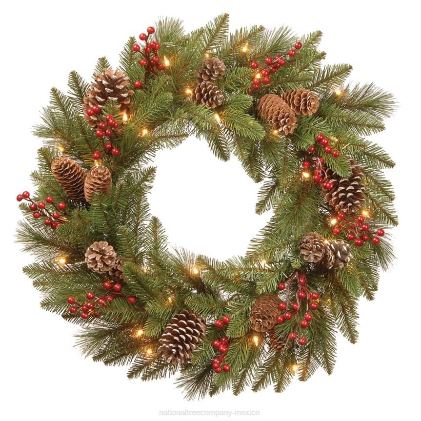Pre-Lit Artificial Christmas Wreath, Green, Bristle Berry Pine, White Lights, Decorated with Frosted Branches, Pine Cones, Berry Clusters, Christmas Collection, 24 Inches National Tree CompanyLBRH221