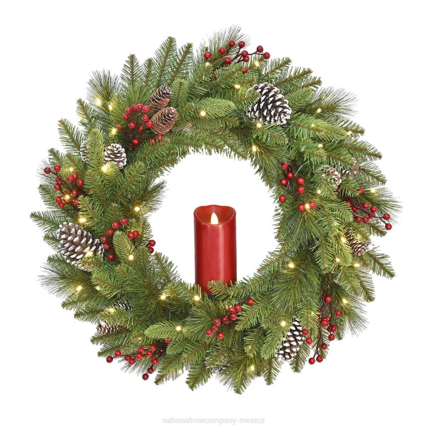 Pre-Lit Artificial Christmas Wreath, Green, Bristle Berry Pine, White Lights, Decorated with Frosted Branches, Pine Cones, Berry Clusters, Christmas Collection, 24 Inches National Tree CompanyLBRH235