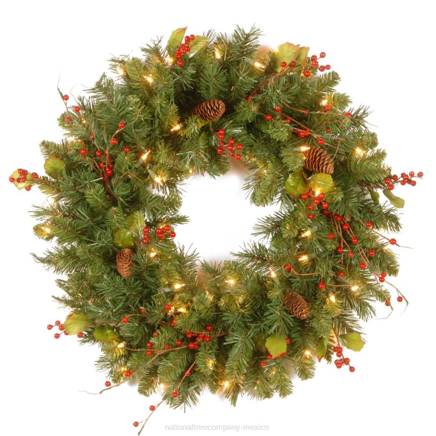 Pre-Lit Artificial Christmas Wreath, Green, Classical, White Lights, Decorated with Pine Cones, Berry Clusters, Leaves, Twigs, Christmas Collection, 24 Inches National Tree CompanyLBRH234