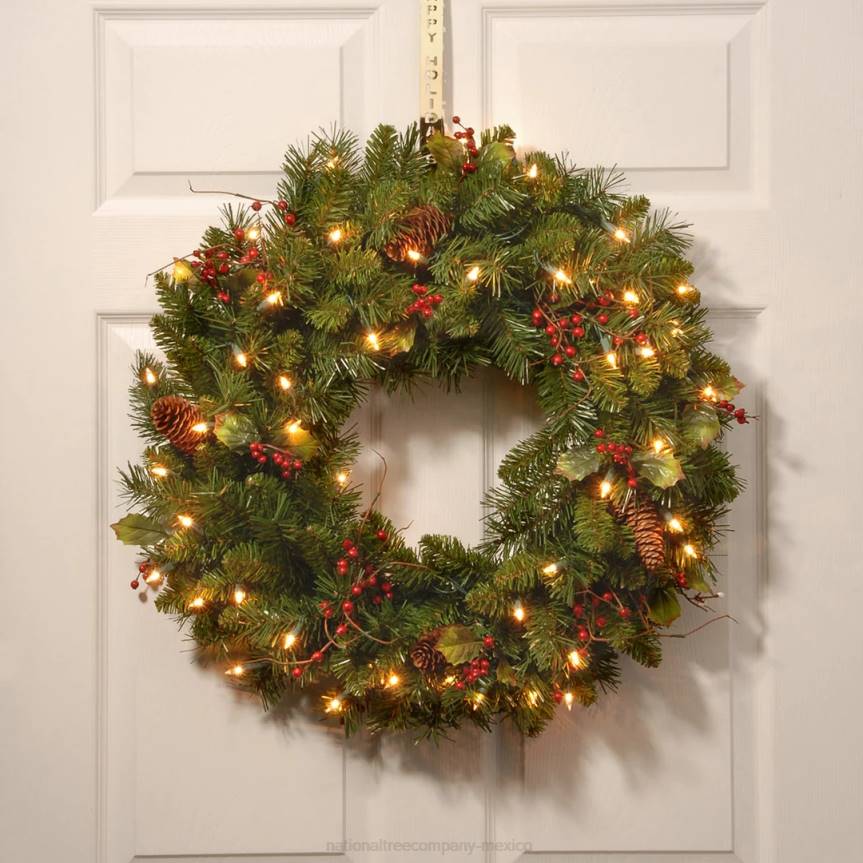 Pre-Lit Artificial Christmas Wreath, Green, Classical, White Lights, Decorated with Pine Cones, Berry Clusters, Leaves, Twigs, Christmas Collection, 24 Inches National Tree CompanyLBRH234
