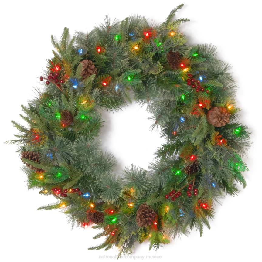 Pre-Lit Artificial Christmas Wreath, Green, Colonial Fir, White Lights, Decorated with Pine Cones, Berry Clusters, Christmas Collection, 24 Inches National Tree CompanyLBRH253