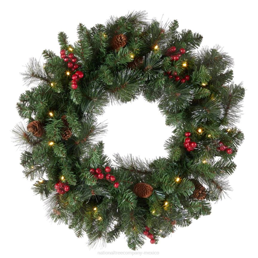 Pre-Lit Artificial Christmas Wreath, Green, Crestwood Spruce, White Lights, Decorated with Pine Cones, Berry Clusters, Frosted Branches, Christmas Collection, 24 Inches National Tree CompanyLBRH224