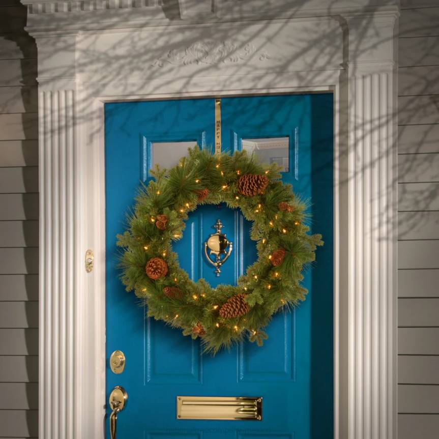 Pre-Lit Artificial Christmas Wreath, Green, Eastwood Spruce, White Lights, Decorated with Pine Cones, Christmas Collection, 24 Inches National Tree CompanyLBRH263