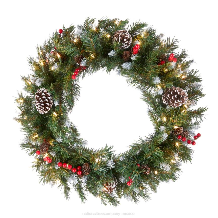 Pre-Lit Artificial Christmas Wreath, Green, Frosted Berry, White Lights, Decorated with Pine Cones, Berry Clusters, Frosted Branches, Christmas Collection, 24 Inches National Tree CompanyLBRH225