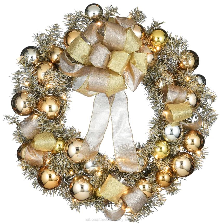 Pre-Lit Artificial Christmas Wreath, Gold Ornament Metallic, with Warm White LED Lights, Battery Powered, 28 in National Tree CompanyLBRH267