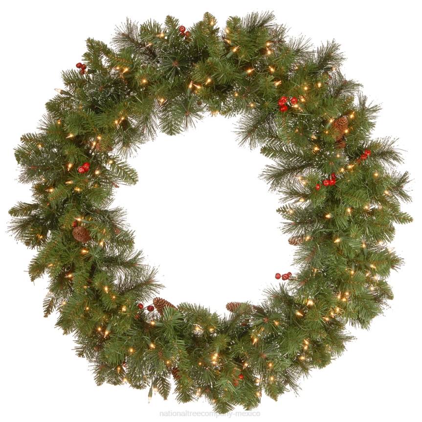 Pre-Lit Artificial Christmas Wreath, Green, Crestwood Spruce, White Lights, Decorated with Pine Cones, Berry Clusters, Frosted Branches, Christmas Collection, 36 Inches National Tree CompanyLBRH227