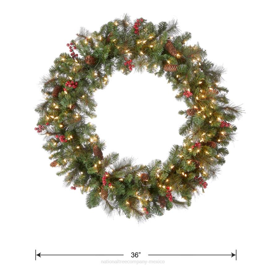 Pre-Lit Artificial Christmas Wreath, Green, Crestwood Spruce, White Lights, Decorated with Pine Cones, Berry Clusters, Frosted Branches, Christmas Collection, 36 Inches National Tree CompanyLBRH227