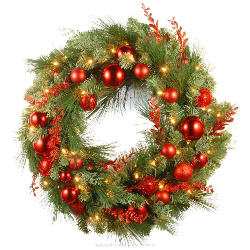 Pre-Lit Artificial Christmas Wreath, Green, Evergreen, White Lights, Decorated with Ball Ornaments, Red Sprigs, Christmas Collection, 30 Inches National Tree CompanyLBRH260