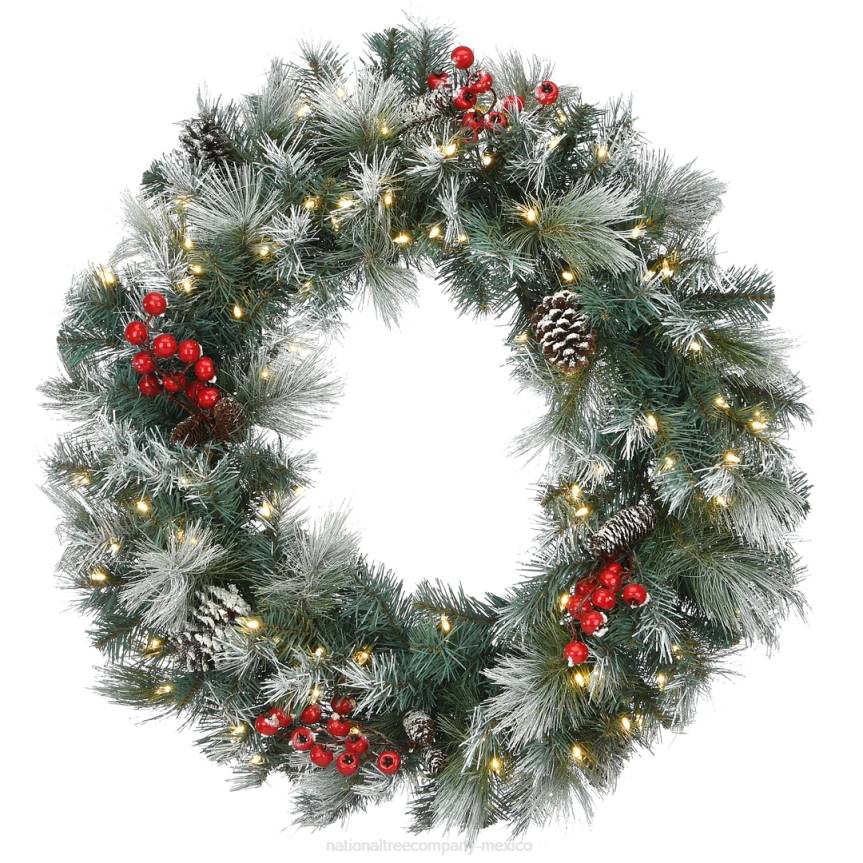 Pre-Lit Artificial Christmas Wreath, Green, Snowy Glacier Pine, White Lights, Decorated with Pine Cones, Berry Clusters, Frosted Branches, Christmas Collection, 30 Inches National Tree CompanyLBRH283