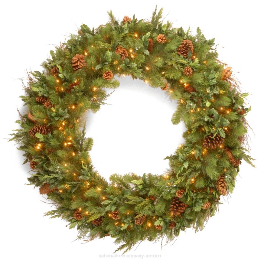 Pre-Lit Artificial Christmas Wreath, Green, Juniper Pine, White Lights, Decorated with Pine Cones, Christmas Collection, 48 Inches National Tree CompanyLBRH313