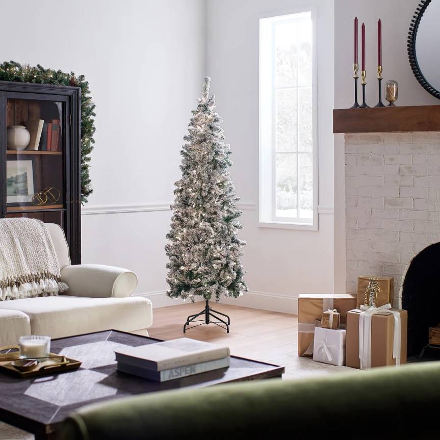 First Traditions Pre-Lit Acacia Flocked Tree Medium Christmas Tree, Clear Incandescent Lights, Plug In, 6 ft National Tree CompanyLBRH41