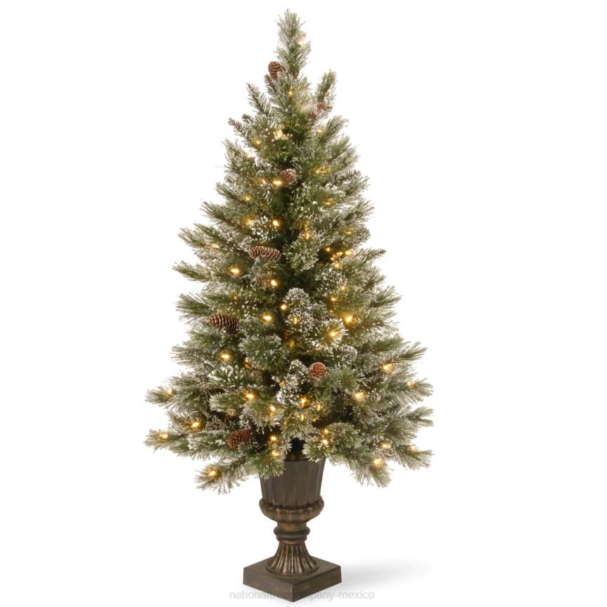 Pre-Lit Artificial Entrance Christmas Tree, Green, Glittery Bristle Pine, White LED Lights, Flocked with Pine Cones, Frosted Branches, Includes Decorative Urn Base, 5 Feet National Tree CompanyLBRH207