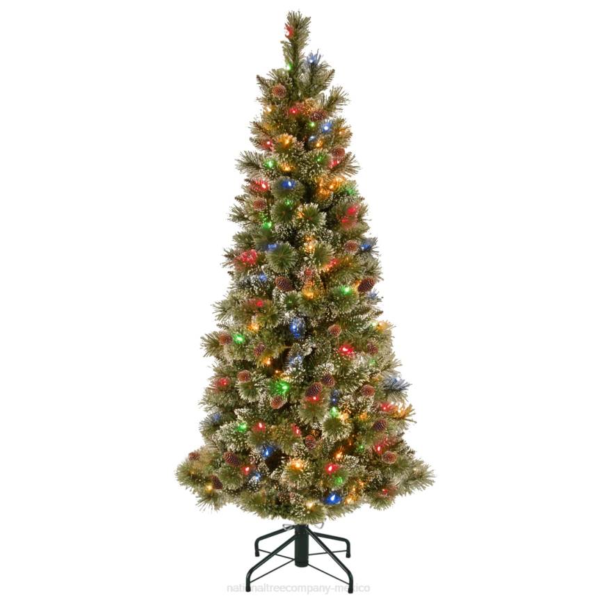 Pre-Lit Artificial Slim Christmas Tree, Glittering Pine, Green, Multicolor Lights, Decorated with Pine Cones, Ball Ornaments, Includes Stand, 5 Feet National Tree CompanyLBRH204
