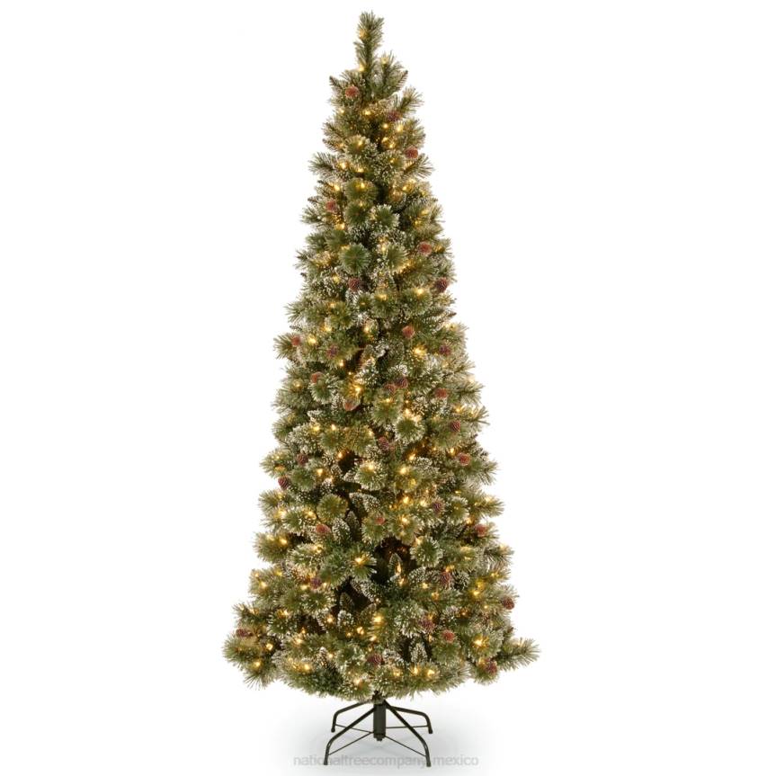 Pre-Lit Artificial Slim Christmas Tree, Glittering Pine, Green, White Lights, Power-Connect, Decorated with Pine Cones, Includes Stand, 7 Feet National Tree CompanyLBRH92