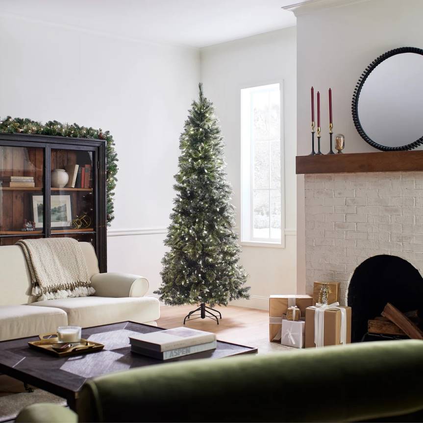 Pre-Lit Artificial Slim Christmas Tree, Green, Glittery Bristle Pine, White Lights, Includes Stand, 7.5 Feet National Tree CompanyLBRH127