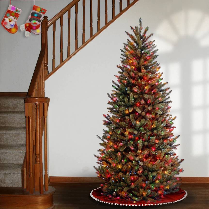 Pre-Lit Artificial Slim Christmas Tree, Green, Natural Fraser Fir, Multicolor Lights, Includes Stand, 9 Feet National Tree CompanyLBRH49