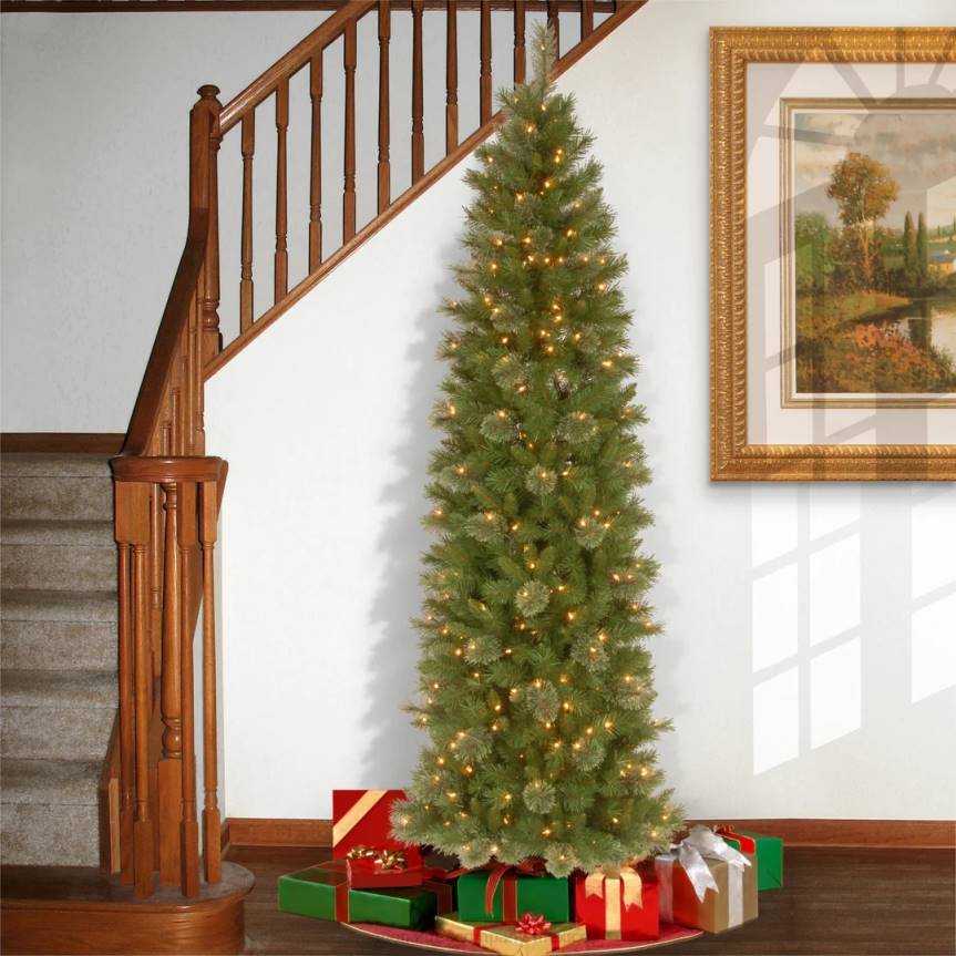 Pre-Lit Artificial Slim Christmas Tree, Tacoma Pine, Green, White Lights, Includes Stand, 9 Feet National Tree CompanyLBRH50