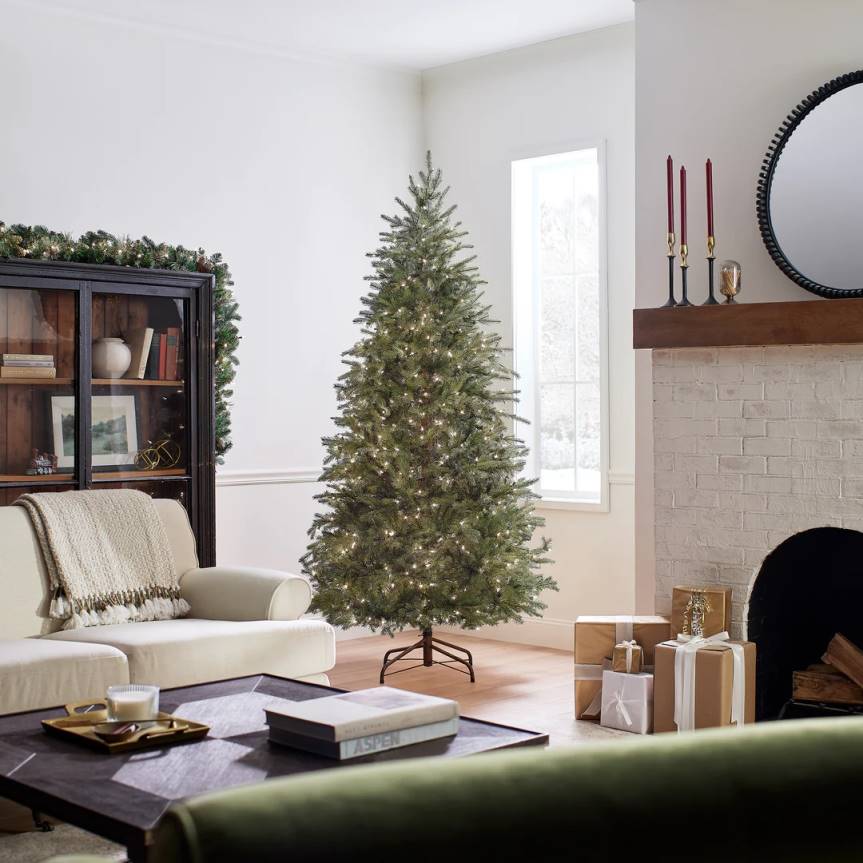 Pre-Lit 'Feel Real' Artificial Slim Christmas Tree, Green, Nordic Spruce, White Lights, Includes Stand, 7.5 feet National Tree CompanyLBRH9