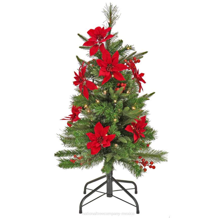 Artificial Colonial Pencil Slim Hinged Christmas Tree with Berries and Poinsettia Flowers, Pre-Lit with Clear Incandescent Lights, Plug In, 3 ft National Tree CompanyLBRH198