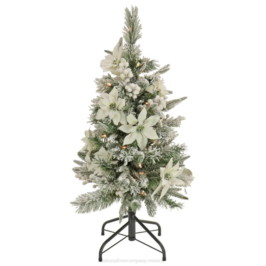 Artificial Frosted Colonial Pencil Slim Hinged Christmas Tree with Berries and Poinsettia Flowers, Pre-Lit with Clear Incandescent Lights, Plug In, 3 ft National Tree CompanyLBRH166